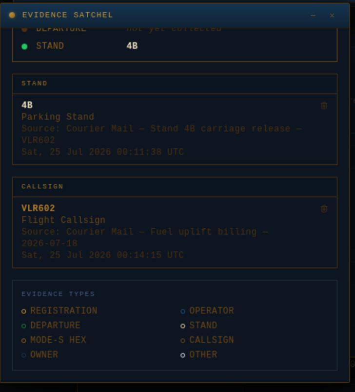 Evidence Satchel showing Registration, Operator, and Departure still missing